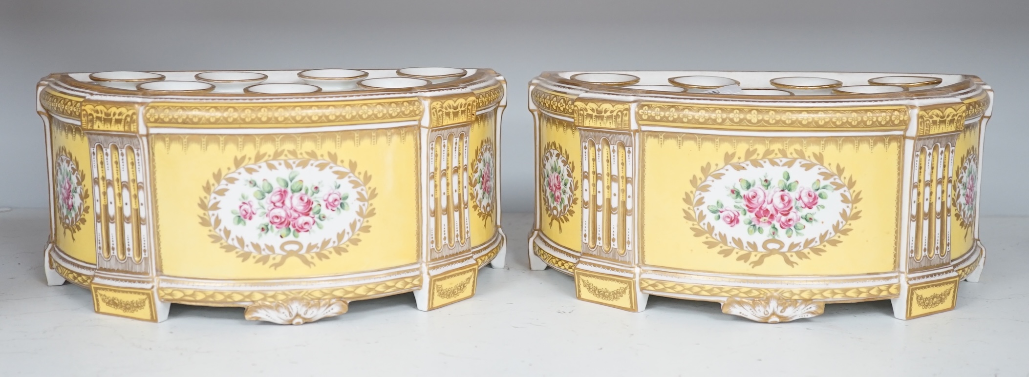 A pair of Dresden style yellow ground bough pots, 30cm wide. Condition - fair to good.